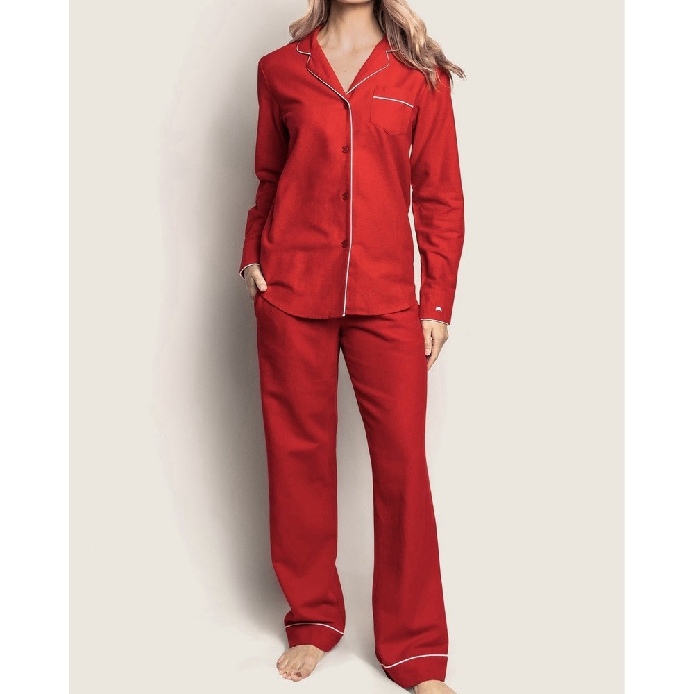 Petite Plume 100% Cotton Flannel Long Sleeve Pajama Set Red Womens Medium